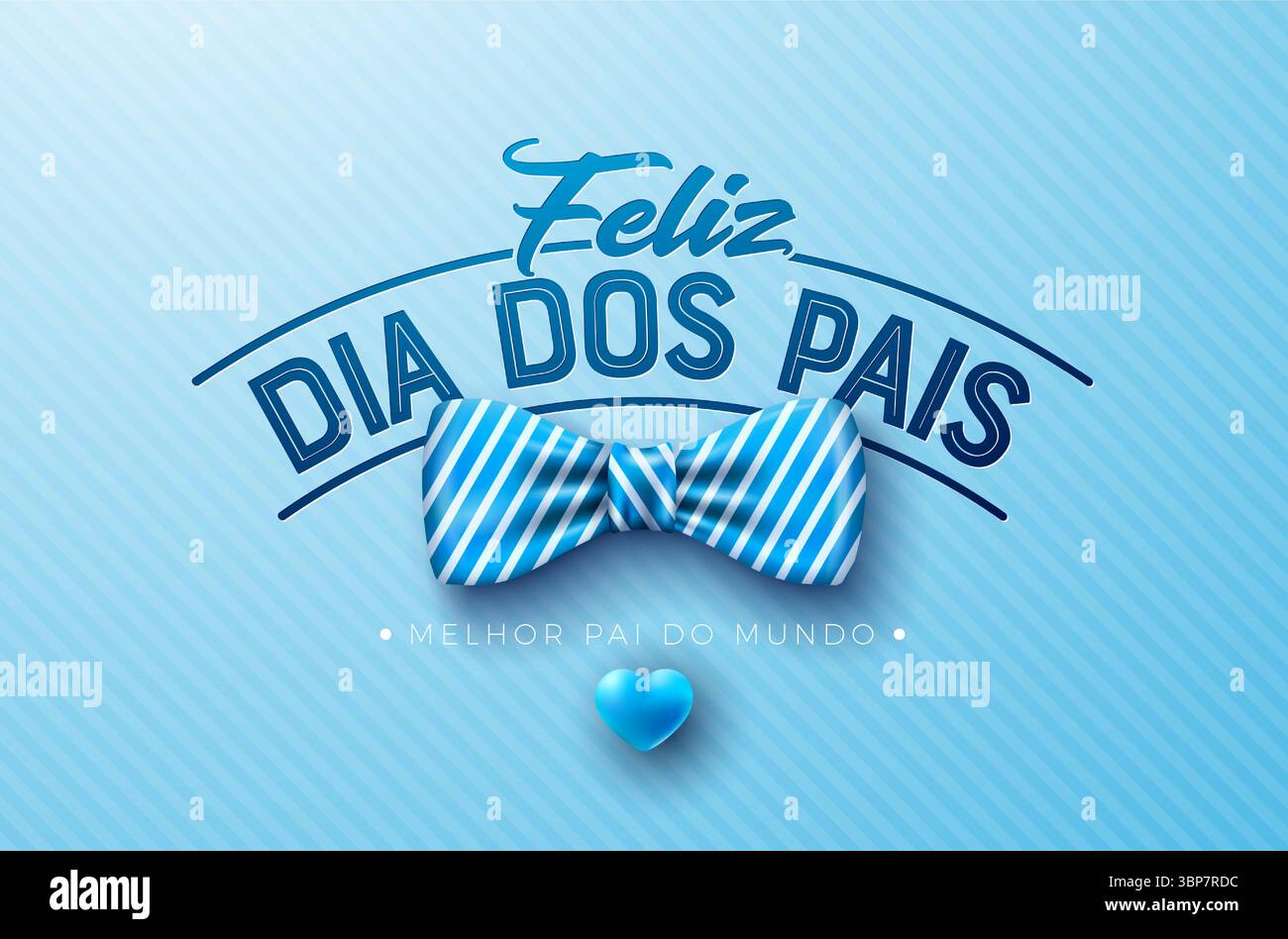 Happy Vatertag Grußkarte Design mit blauem Herz, Fliege und Typografie Schriftzug auf hellblauem Hintergrund. Feliz Dia dos Pais Portugiesisch Stock Vektor