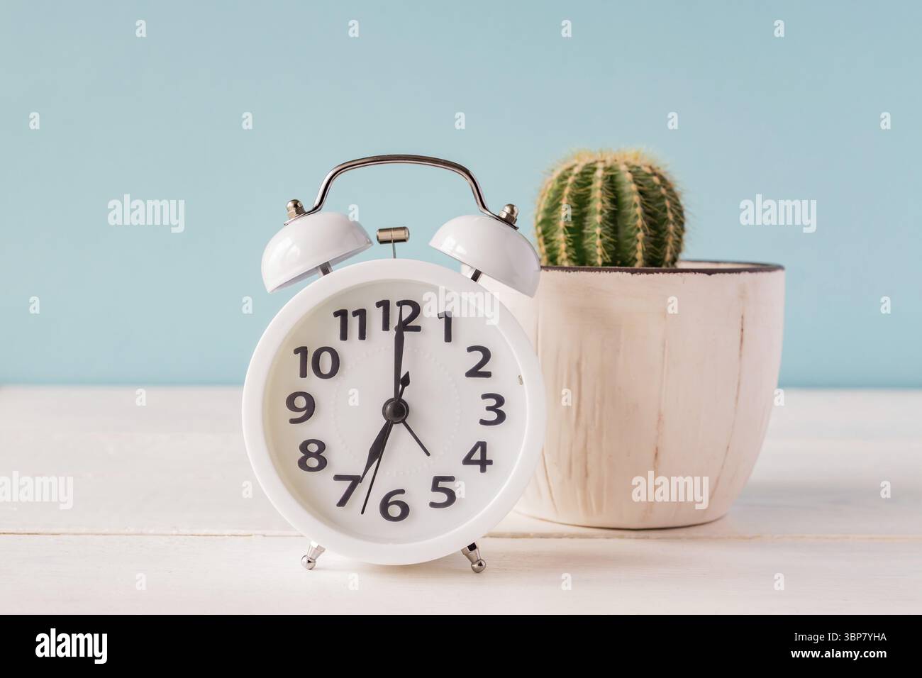 Weißer Wecker steht auf einem Holzregal auf grüner Kulisse. Kaktus in einem Topf auf dem Hintergrund Stockfoto