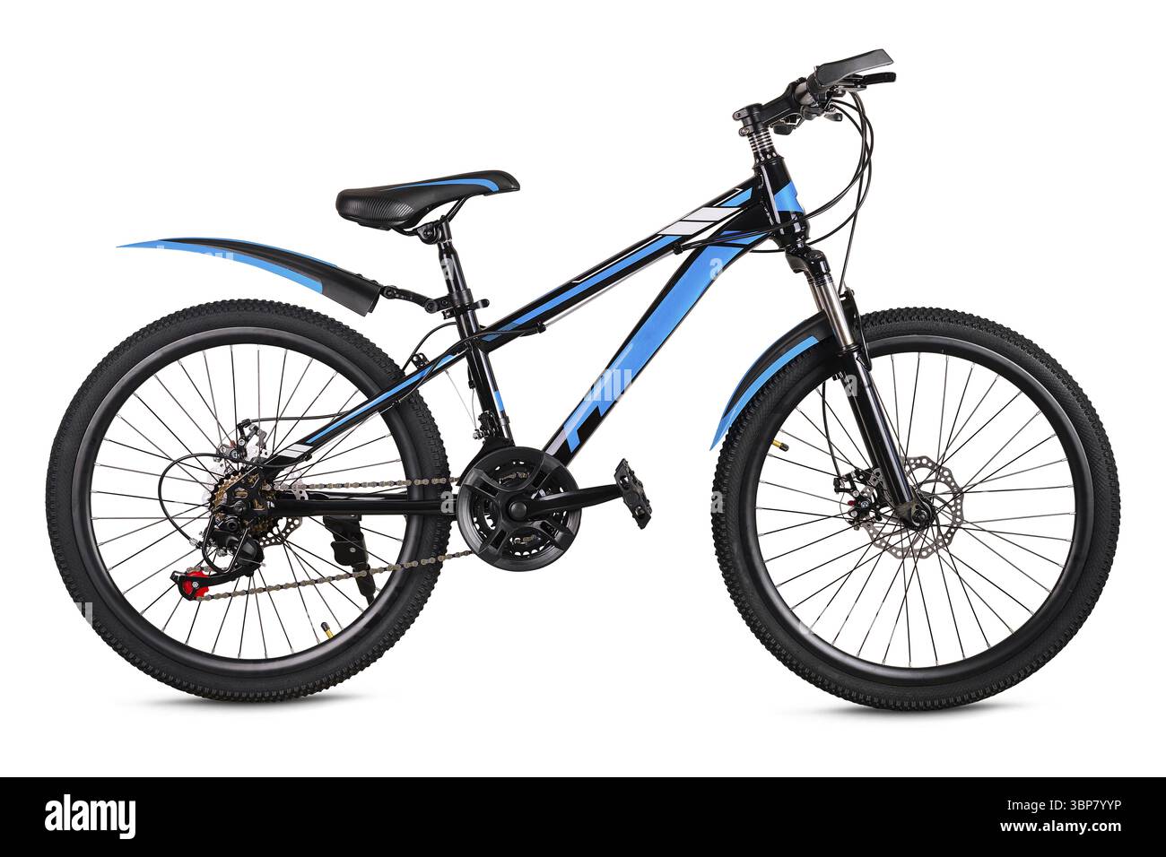 Essen, elegantes Mountainbike mit leuchtendem Blau- und Schwarzdesign auf weißem Hintergrund Stockfoto