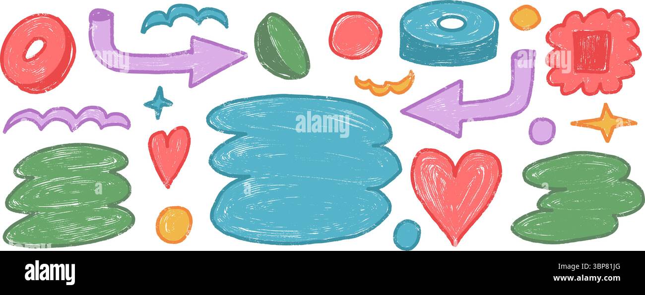 Abstrakte Formen und Anführungsboxen Buntstift gezeichnet Set. Naive mehrfarbige Doodle-Tag-Figuren auf weißem Hintergrund. Callouts Rahmen geometrische Formen eleme Stock Vektor