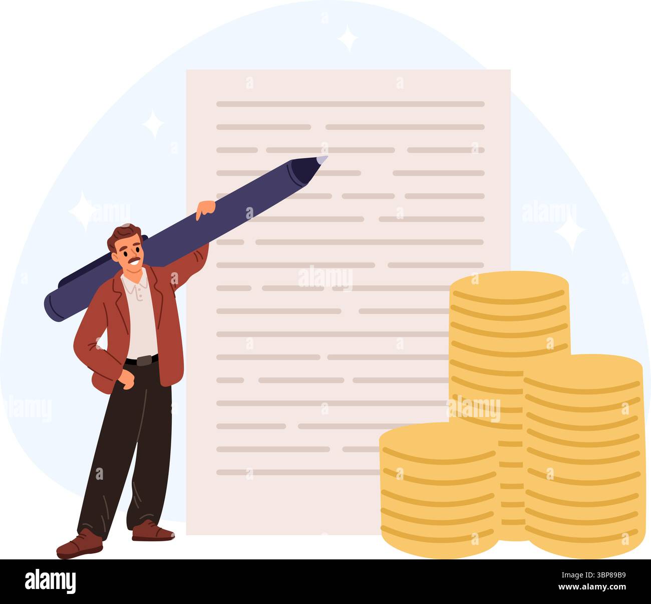 Männlicher Texter verdient Geld, wenn er Text schreibt. Screenwriting oder Bloggen. Goldmünzen stapeln. Editor-Job. Veröffentlichungsdokument. Journalist mit großem Penc Stock Vektor
