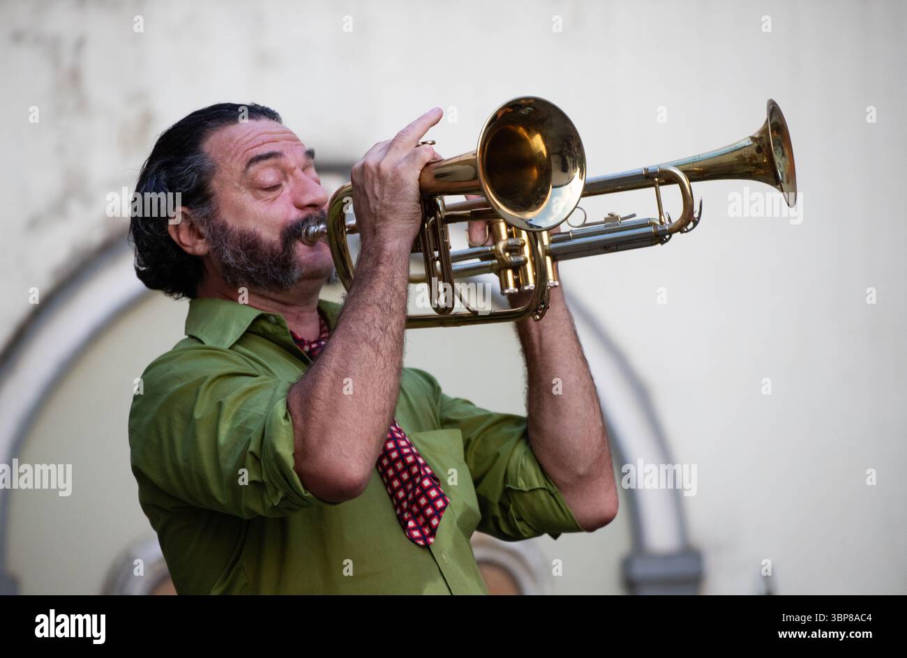 Ein leidenschaftlicher Musiker mit Bart und grünem Hemd spielt eine Messingtrompete mit Stummheit. Stockfoto
