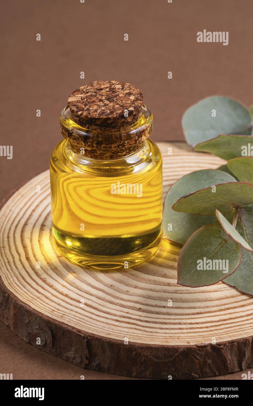 Ätherisches Eukalyptusöl in einer Glasflasche mit grünen Eukalyptusblättern auf strukturiertem braunem Hintergrund. Aromatherapiekonzept. Spa. Natürliches organisches ING Stockfoto