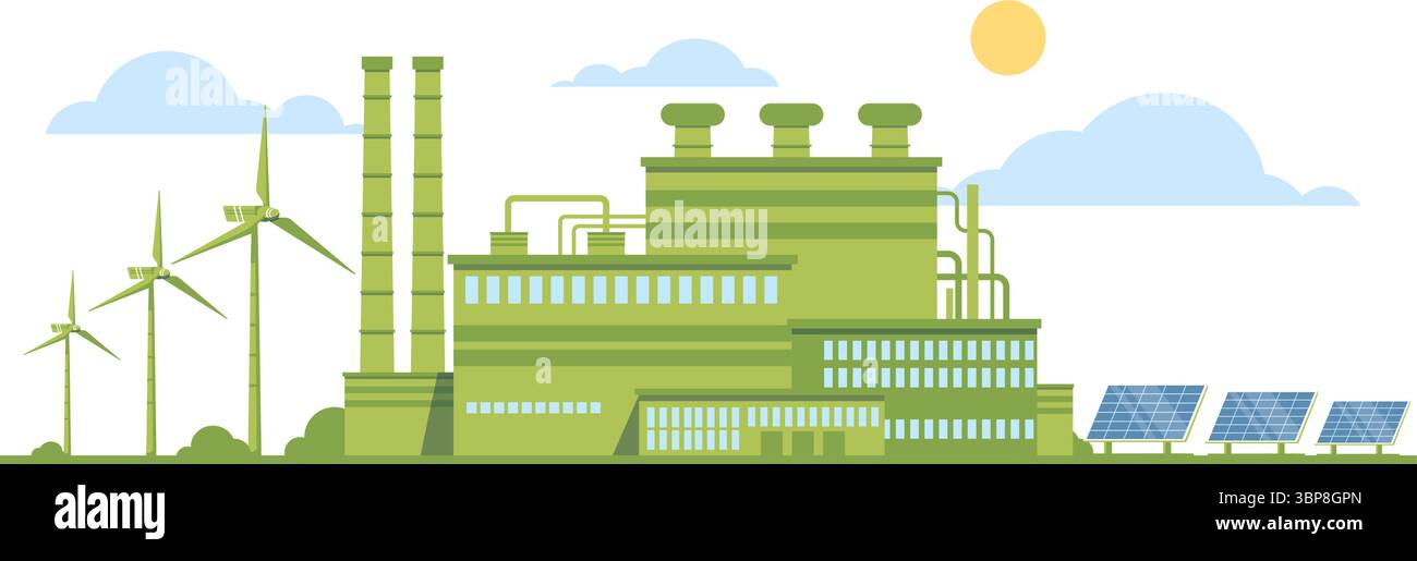 Umweltfreundliche Produktion. Umweltfreundliche Öko-Fabrik. Verschmutzungsnutzung. Wind- und Solarenergie, erneuerbare Energien. Nachhaltige, saubere Fertigung. Speichern Sie na Stock Vektor