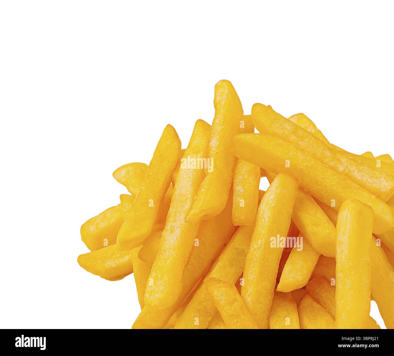 Speisen, köstliche knusprige Pommes Frites sind in einer legeren Anordnung gestapelt und präsentieren ihre leuchtende goldene Farbe, perfekt zum Snack oder zum Kombinieren mit einem Favoriten Stockfoto