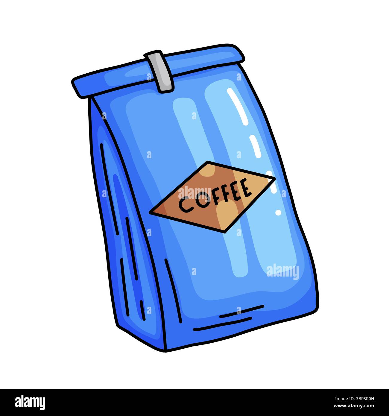 Handgezeichnete Kritzelillustration eines blauen Kaffeebeutels mit einem braunen Etikett, auf dem Kaffee steht. Bunte digitale Kunstwerke, geeignet für Speisekarten im Café, Packung Stock Vektor