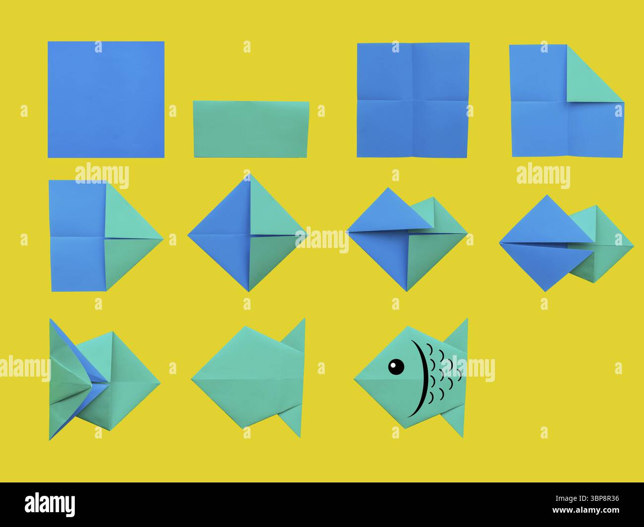 Schritt-für-Schritt-Anleitung: Wie man Origami-Fisch macht. DIY für Kinder Stockfoto