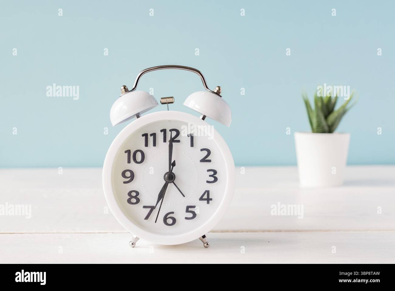 Weißer Wecker steht auf einem Holzregal auf grüner Kulisse. Kaktus in einem Topf auf dem Hintergrund Stockfoto