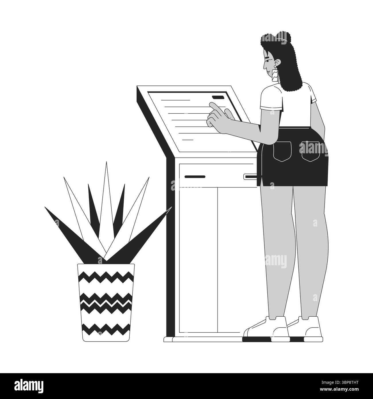 Latina-Frau benutzt Selbstbedienungskiosk-Umrissillustration Stock Vektor