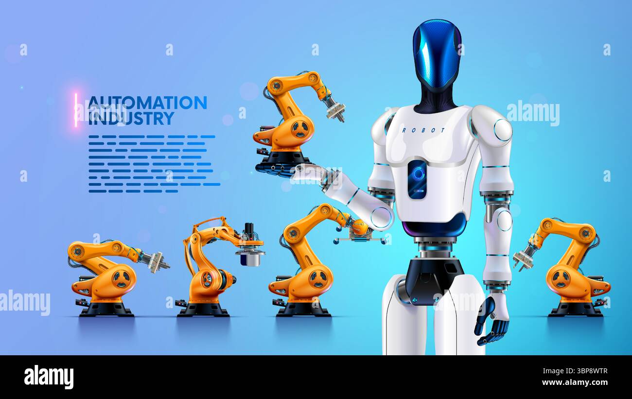 Ein humanoider Roboter mit KI steht umgeben von Industrierobotern und hält einen Industrieroboterarm in der Hand. Zukünftige Automatisierung Stock Vektor