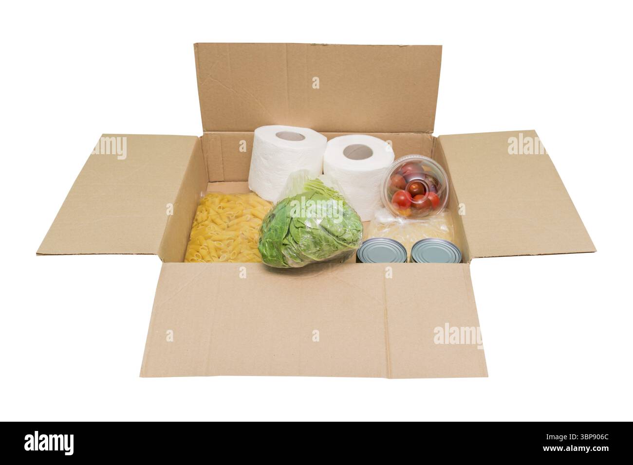 Spendenbox mit Nahrung isoliert auf weißem Hintergrund. Hilfe bei der Quarantäne gegen Coronavirus Stockfoto