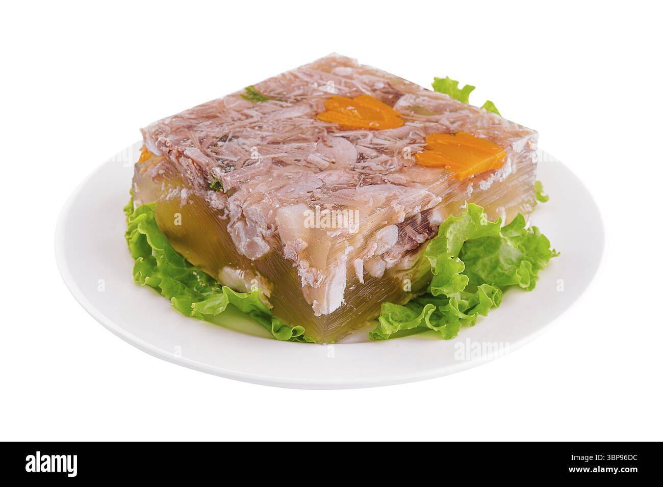 Essen, kalte Vorspeise, portioniertes Gelee aus Schweine-, Rind- und Huehnerfleisch auf weissem Teller Stockfoto