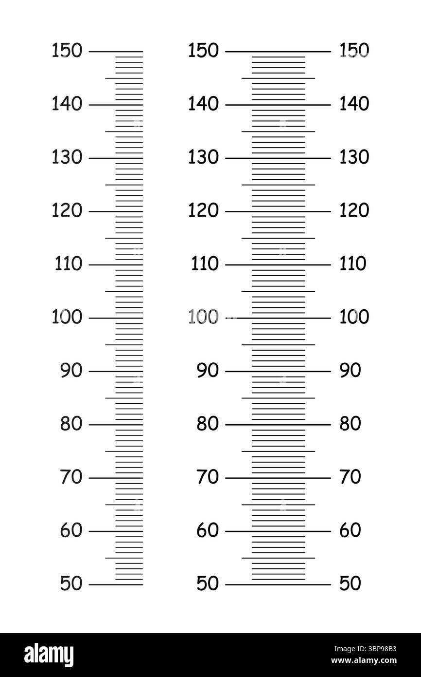Set von Kindergrößen von 50 bis 150 Zentimetern. Vorlagen für Wandaufkleber, isoliert auf weißem Hintergrund. Messwand oder Wachstumslineal Stock Vektor