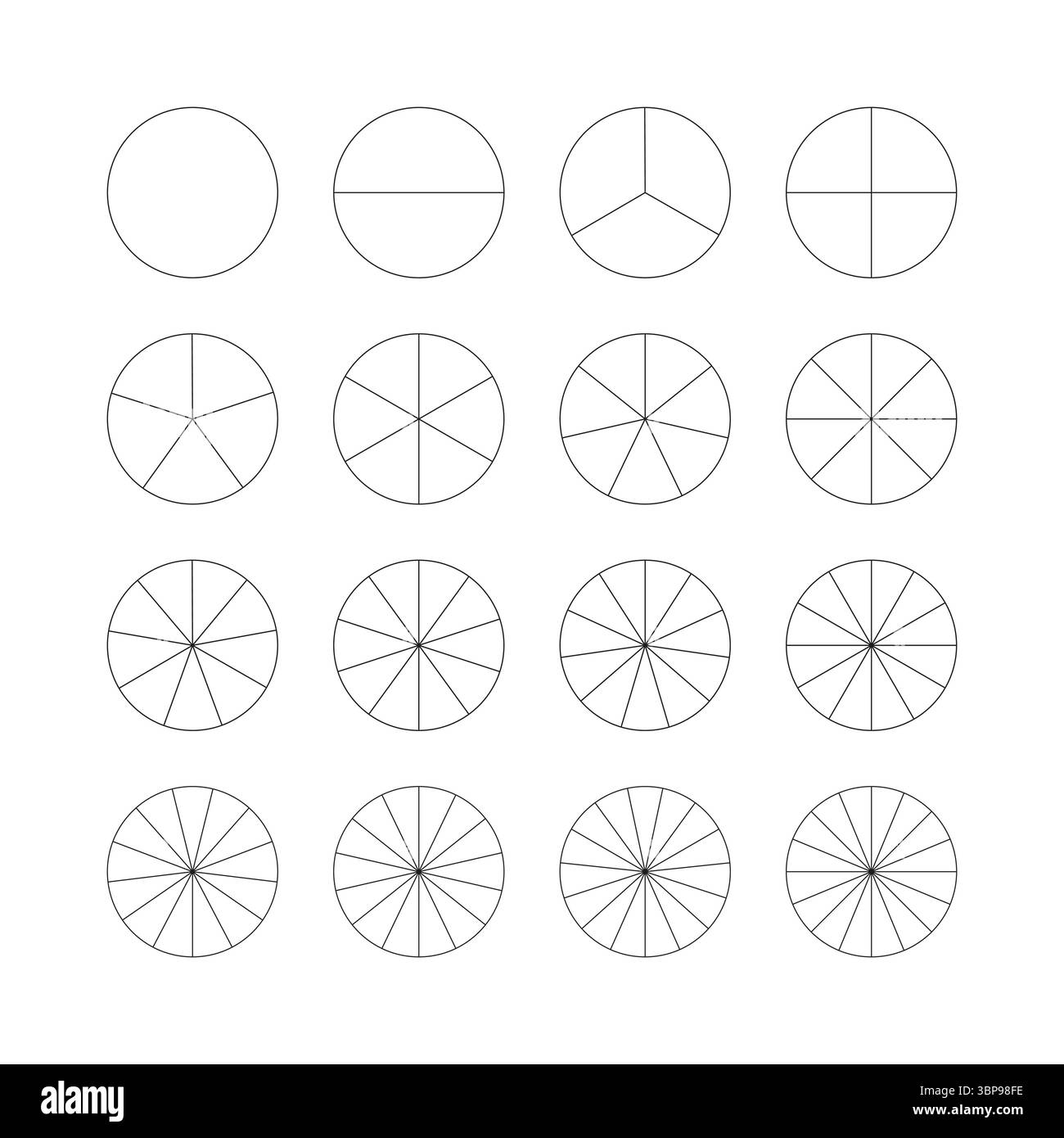 Segmentierte Diagramme. Set aus Kuchen-, Pizzakarten-Vorlage. Viele Sektoren teilen den Kreis auf gleiche Teile. Schwarze, dünne, einfache Grafiken. Segmente Stock Vektor