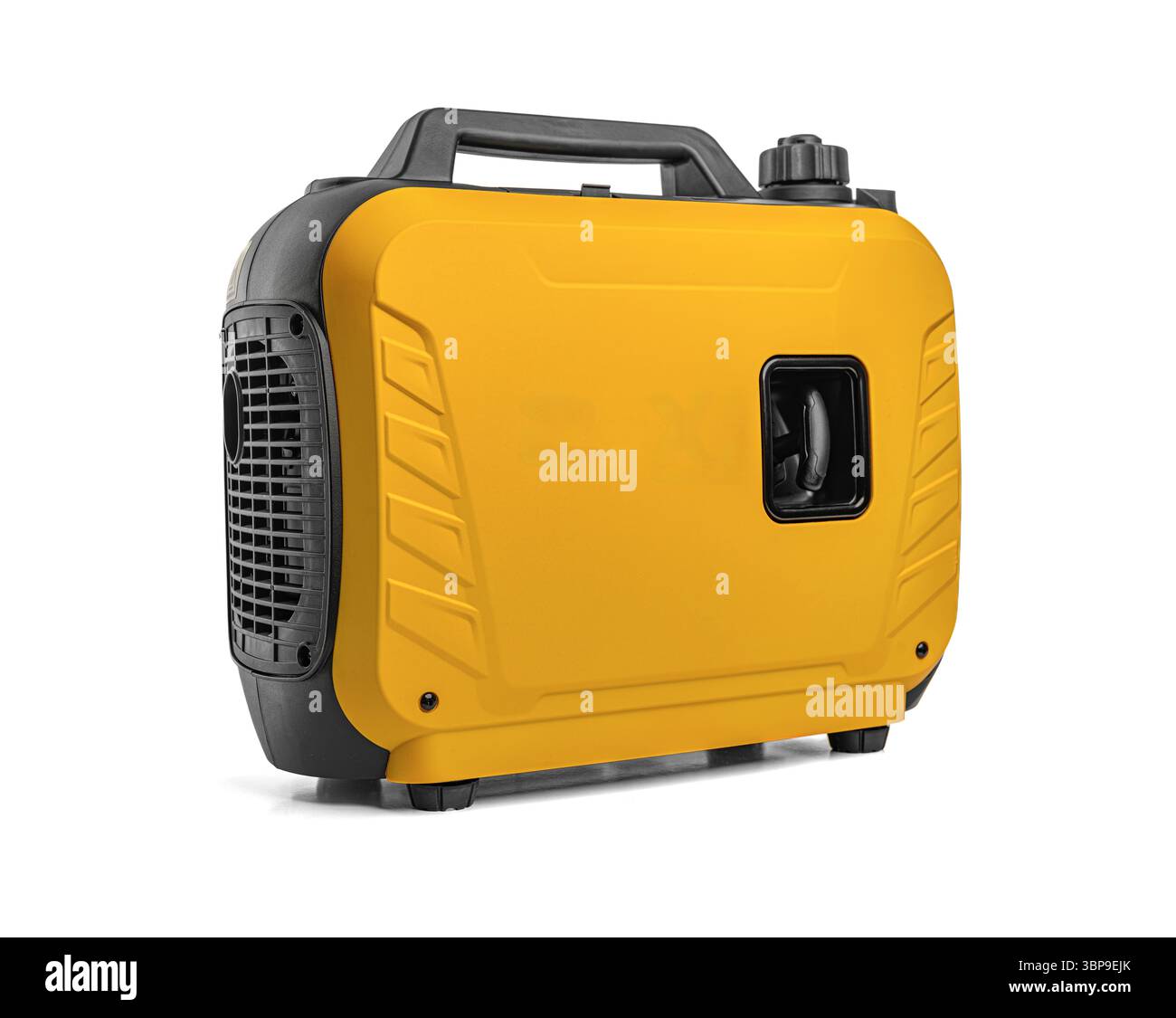 Tragbarer gelber Stromgenerator, isoliert auf weißem Hintergrund Stockfoto