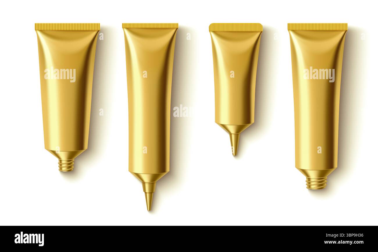 Goldene Metallcremeröhrchen mit verschiedenen Applikatorspitzen – Schraubdüse, glatter Verschluss, spitz zulaufender Spender, Gewindeöffnung. Luxuriöse Kosmetikverpackungen für Hautpflegeprodukte in glänzender Metallic-Oberfläche Stock Vektor