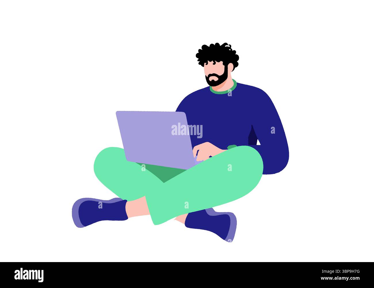 Eine illustrierte Person sitzt im Kreuz mit einem Laptop auf weißem Hintergrund. Abbildung Stockfoto