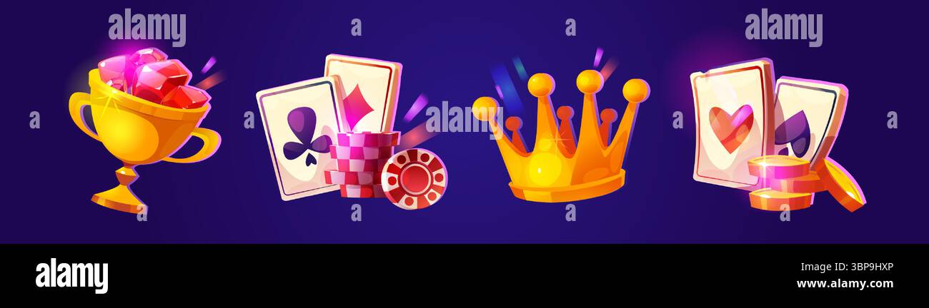 Casino-Zeichentricksymbole - goldene Trophäe mit Juwelen, Spielkarten, Poker Chips Stapel, königliche Krone glühend hell, Stapel von Goldmünzen. Spielelemente für Jackpot-Gewinner, Wettunterhaltung Stock Vektor