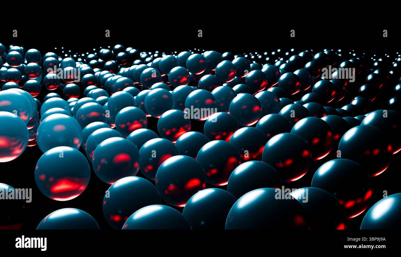 Schwarze und rote Kugeln auf dunklem Hintergrund, die ein futuristisches und abstraktes Muster schaffen. 3D-Rendering Stockfoto