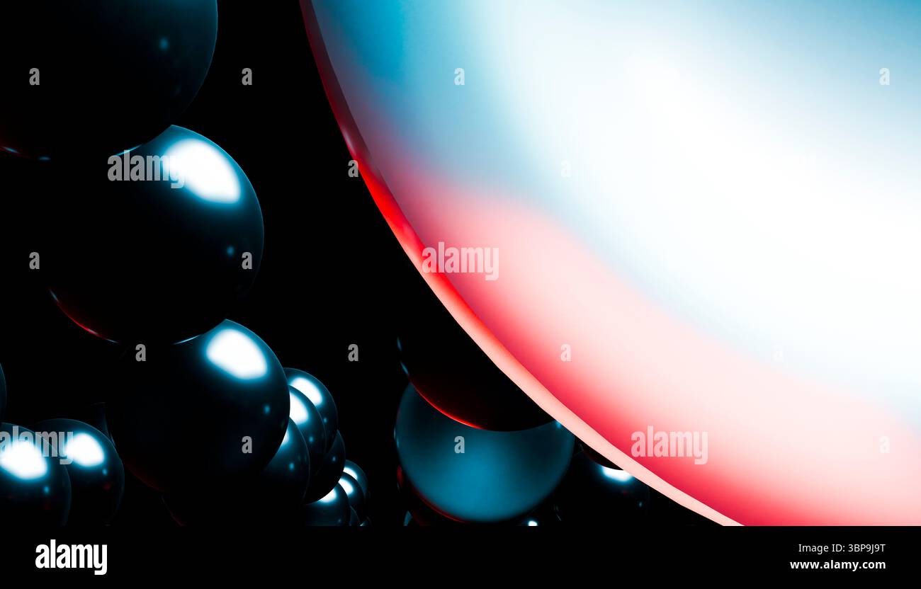 Abstrakte Kugeln mit glänzend schwarzen und roten Oberflächen überlappen sich in dynamischer Zusammensetzung. 3D-Rendering Stockfoto