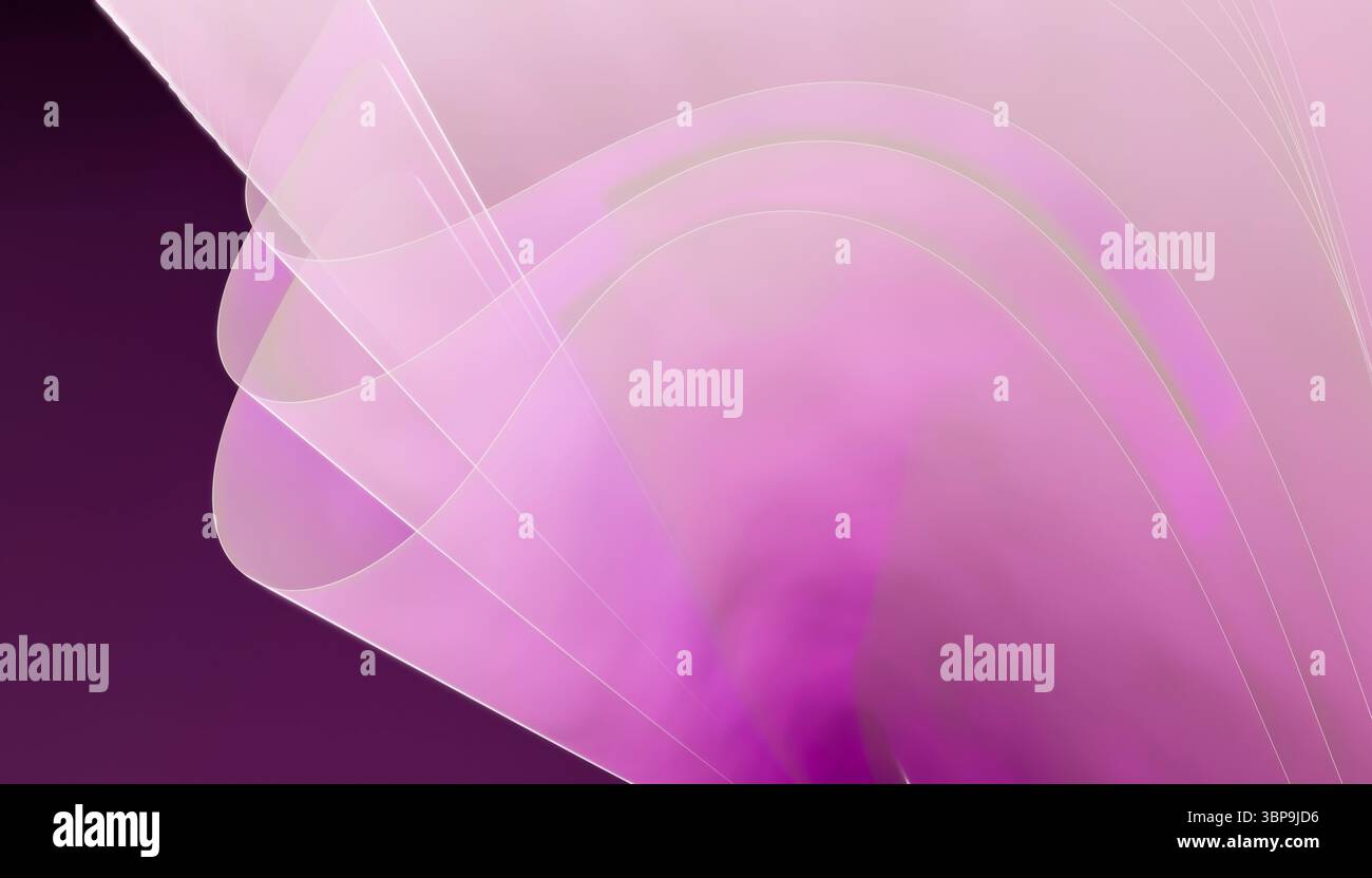 Abstrakter rosa und lila Farbverlauf mit fließenden, mehrschichtigen Wellenmustern auf dunklem Hintergrund. 3D-Rendering Stockfoto