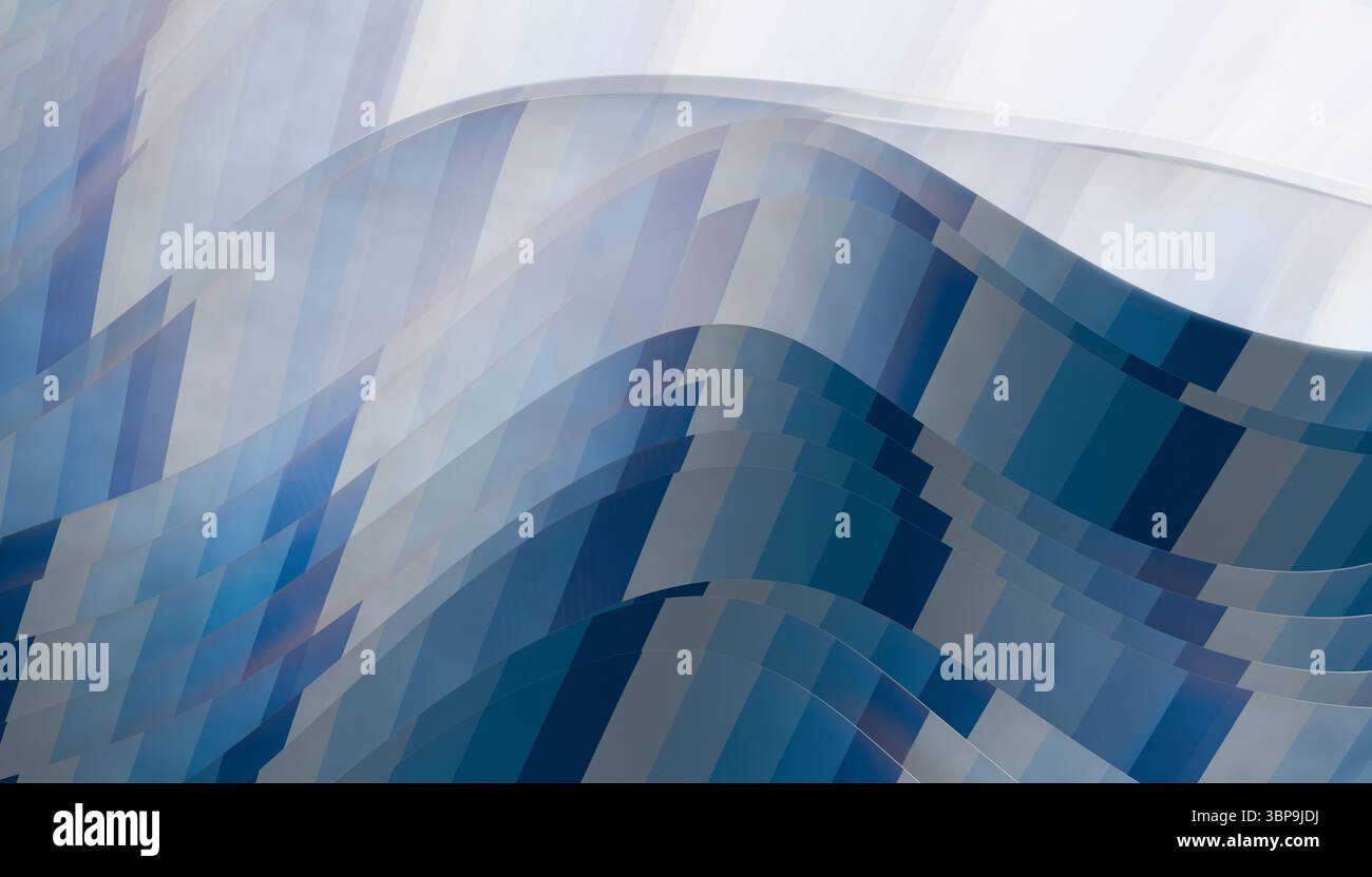 Abstrakte geometrische Muster in gewelltem Blau und weiß bilden ein fließendes, mehrschichtiges Design. 3D-Rendering Stockfoto