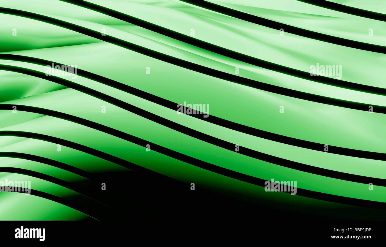 Abstrakte grüne und schwarze Wellenlinien erzeugen ein dynamisches, fließendes Muster. 3D-Rendering Stockfoto