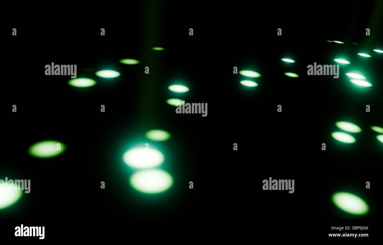 Abstrakte leuchtend grüne Punkte, die auf einem dunklen Hintergrund schweben. 3D-Rendering Stockfoto