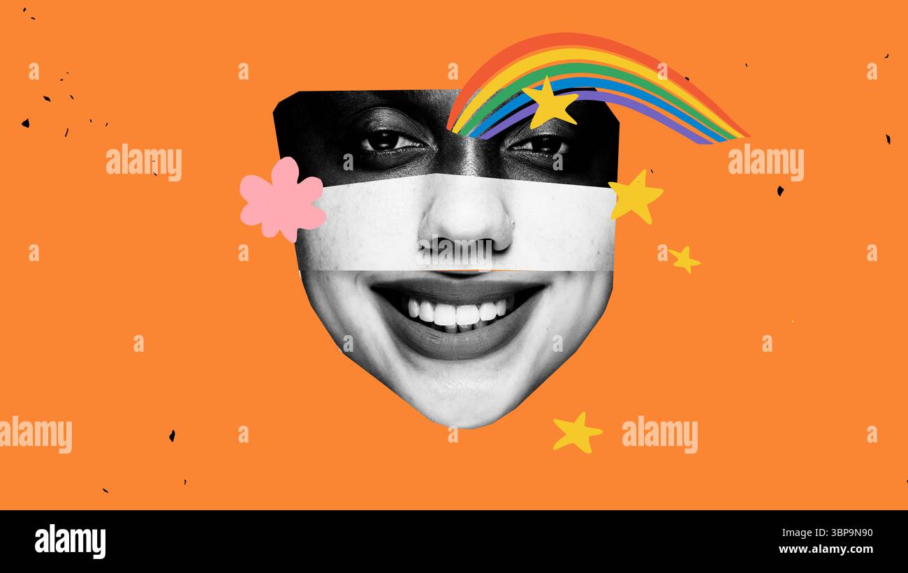 Collage Gesicht aus verschiedenen Personen mit Regenbogen, Sternen und Blumen auf orangefarbenem Hintergrund Stockfoto