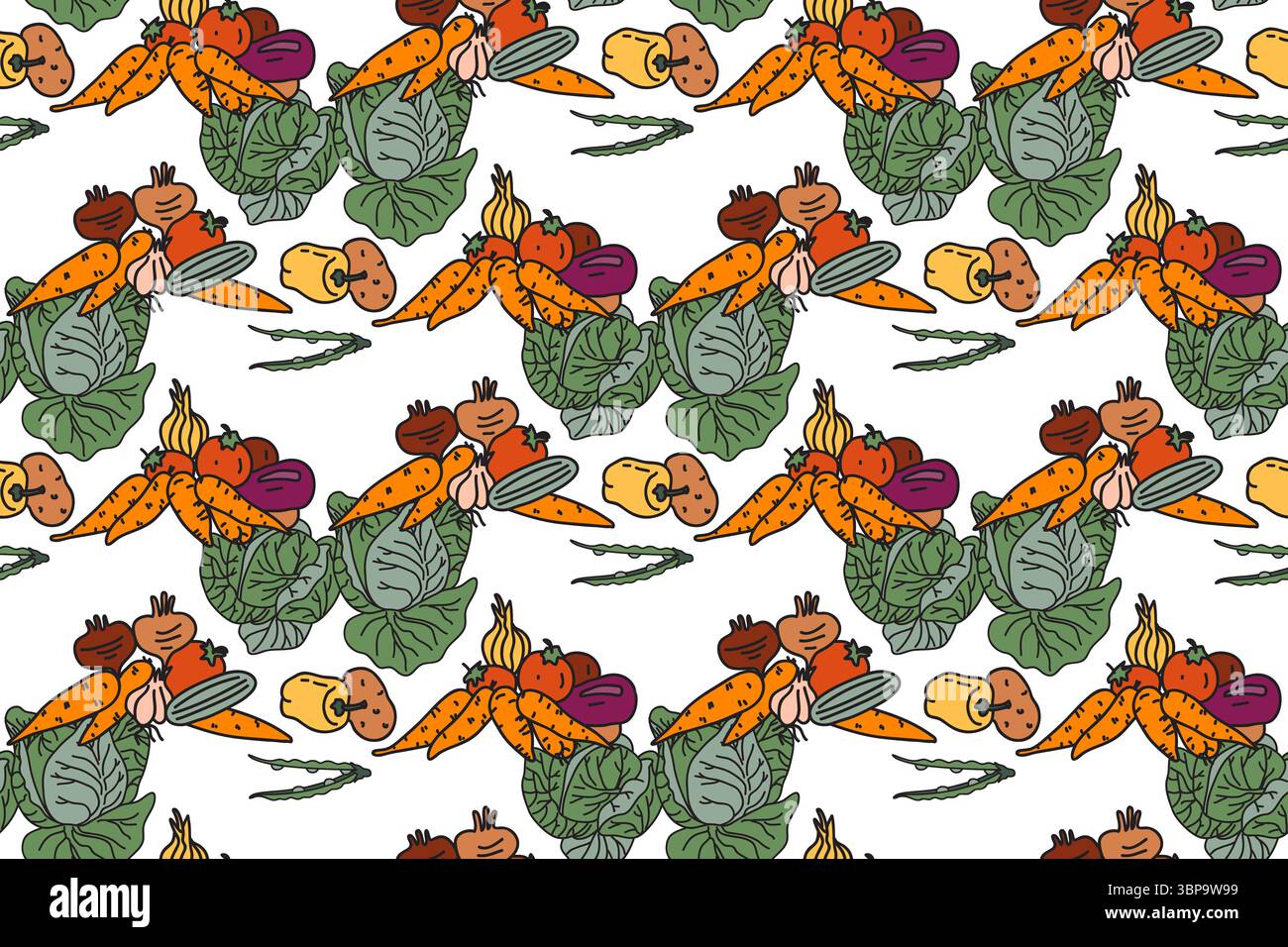 Botanische bunte Gemüse nahtlose Muster Vektor Illustration. Repeating Cartoon verschiedene Gemüsesorten mit Kohl Karotten Erbsen Pfeffer Zwiebeltomate i Stock Vektor