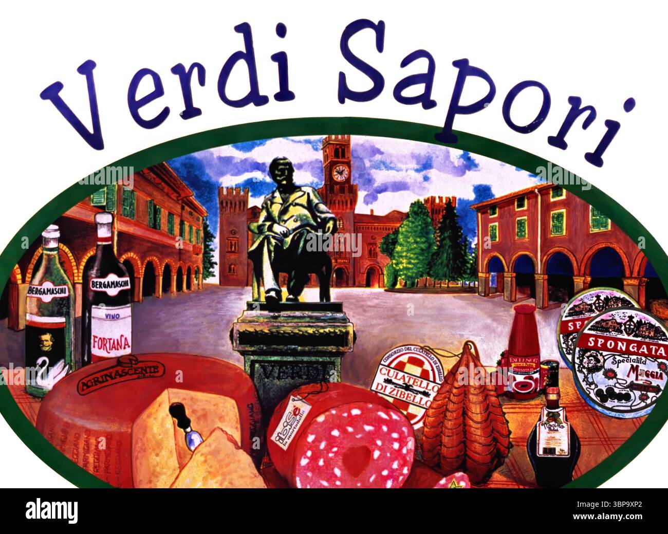 Verdi Sapori, Werbetafel für lokale kulinarische Köstlichkeiten zu Ehren von Giuseppe Verdi, Busseto, Provinz Parma, Emilia-Romagna, Italien, Europa Stockfoto