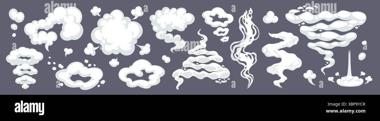 Cartoon Comic Rauch und Blätterwolken auf dunklem Hintergrund. Vektorwolke, Trail und Bewegungseffekt im Comic-Stil. Ideal für Animationen und Bewegungsgrafiken Stock Vektor