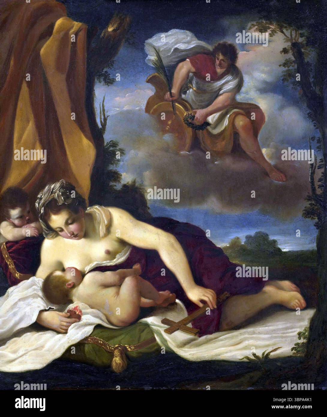 Charity, 'Caritas'; ' Carità' (Ripa)  eine der drei theologischen Tugenden - Allegory of caritas - nach guercino - in einer Landschaft zwischen Bäumen liegt eine Frau auf einem Tuch und stillt ihr Kind, in ihrer linken Hand hält sie ein Kreuz. Ein weiteres Kind sieht links zu. In den Wolken befindet sich ein Triumphwagen, in dem ein Mann der Frau einen Lorbeerkranz und einen Palmenzweig überreicht. Die Szene wurde als Caritas und als Venus stillender Amor interpretiert. Stockfoto