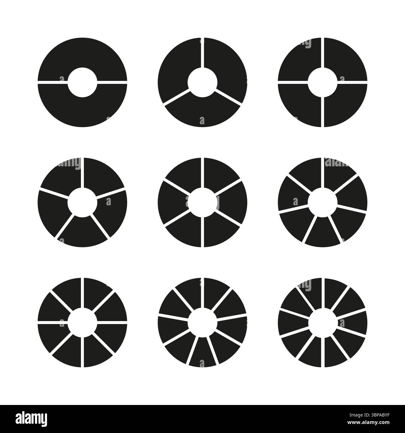 Kreise auf 2, 3, 4, 5, 6, 7, 8, 9, 10 gleiche Teile. Raddiagramme mit zwei, drei, vier, fünf, sechs, sieben, acht, neun, zehn Segmente Stock Vektor