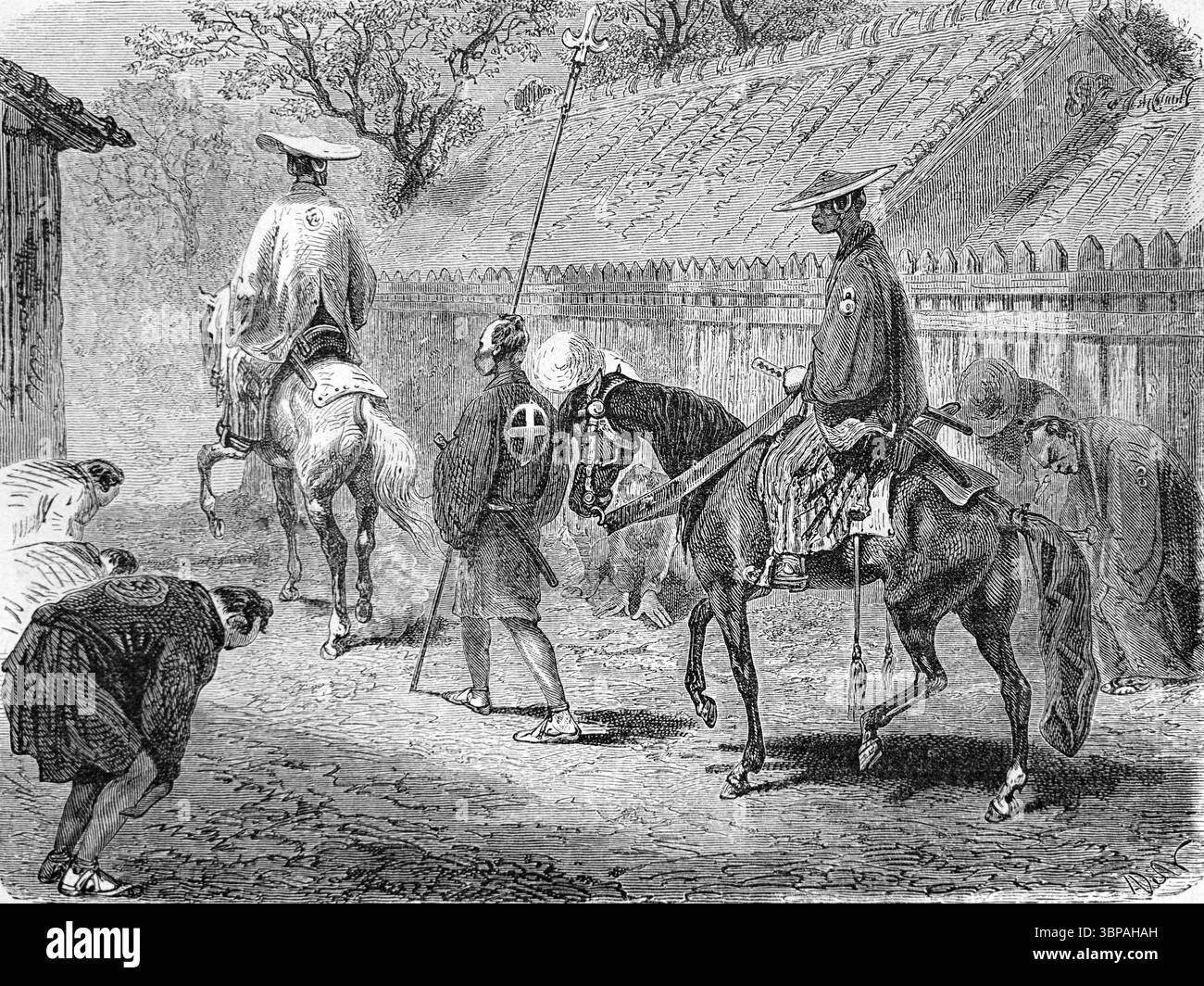 Japanischer Regionalgouverneur, leitender Beamter oder Verwaltungsrat, der den Bezirk zu Pferd besucht, mit Speertragendem Leibwächter und Verehrung durch die Einheimischen Japan. Vintage oder historische Gravur oder Illustration 1866 Stockfoto