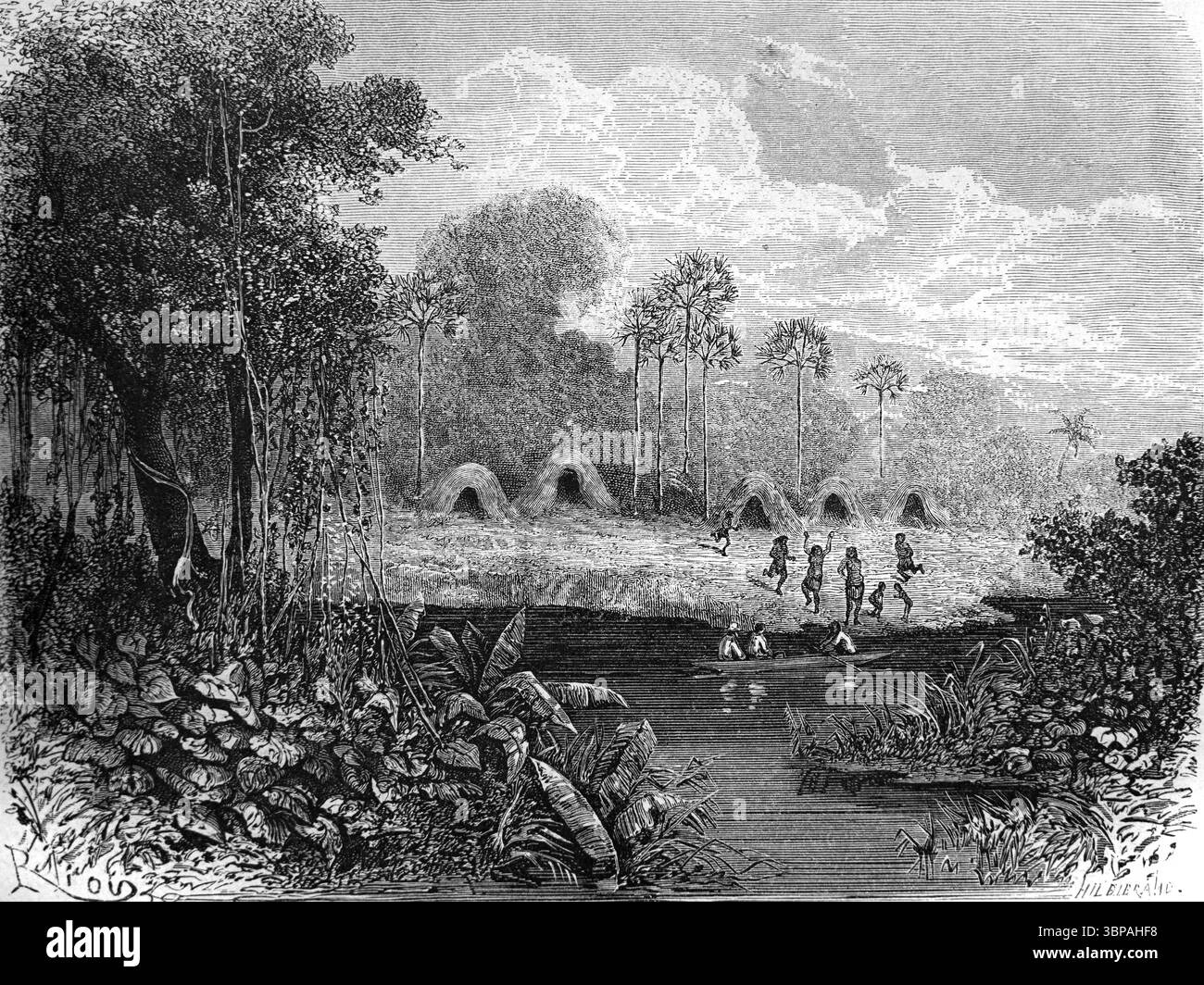 Riverside Christian Misson von Santa Maria zwischen Yagua oder ethnischer Gruppe in den Wäldern Perus Südamerikas. Vintage oder historische Gravur oder Illustration 1866 Stockfoto