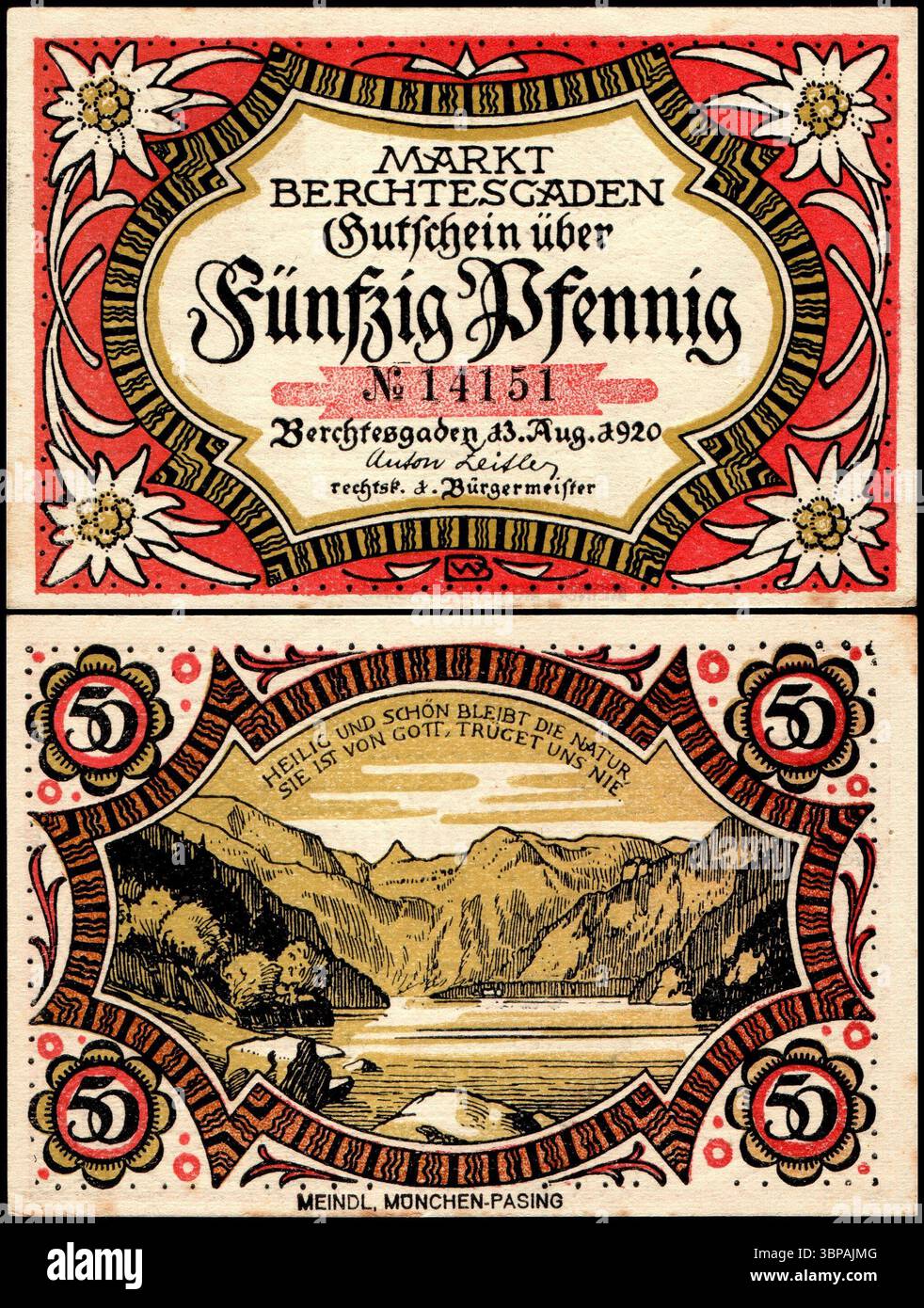 50 Pfennig-Notgeld ausgegeben am 13. August 1920 in Berchtesgaden. Die Note zeigt traditionelle alpine Blumenmotive und einen malerischen Blick auf die Berchtesgadener Alpen mit einer poetischen Inschrift, die die Heiligkeit und Schönheit der Natur lobt. Stockfoto