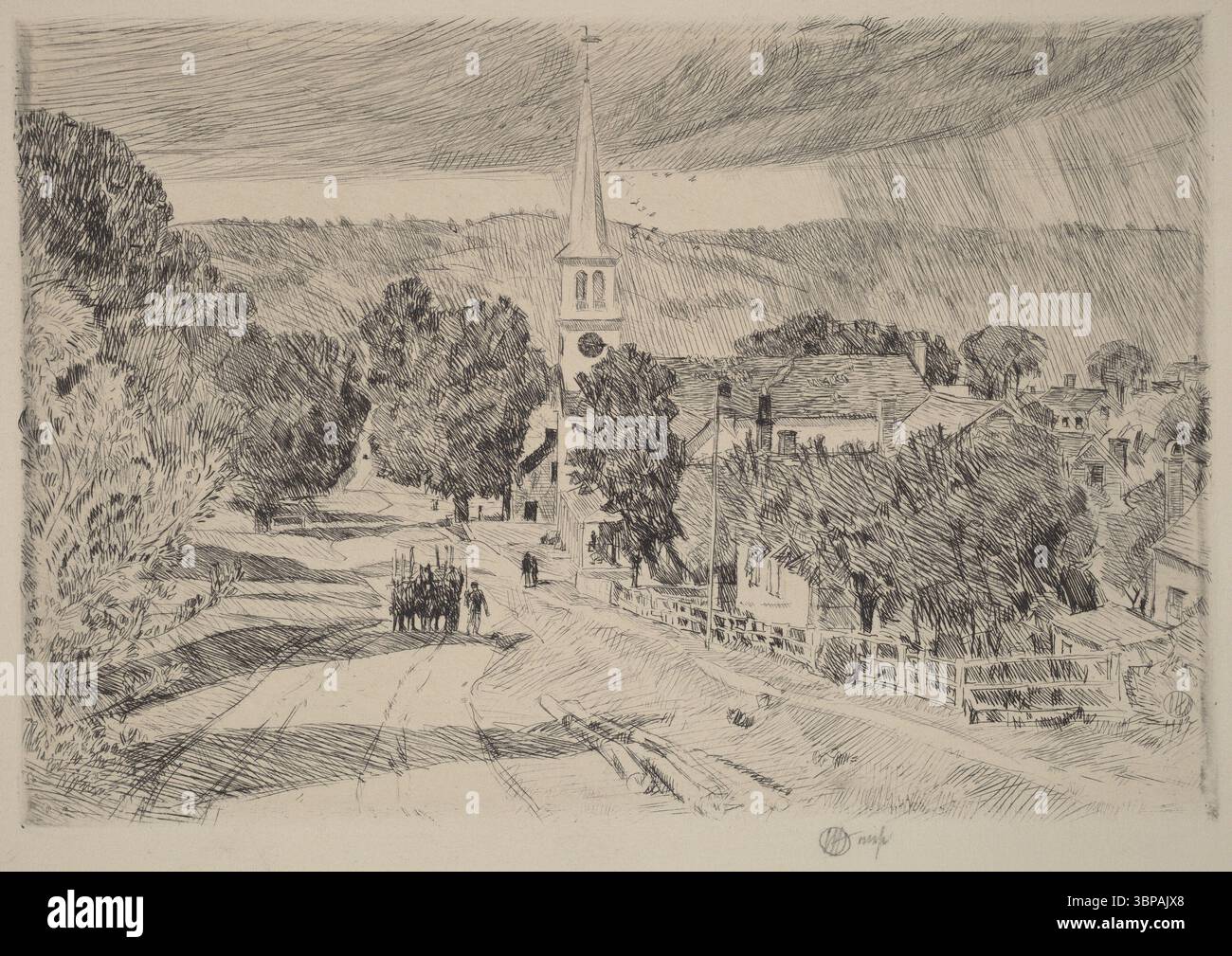 A Vermont Village, 1923, von Childe Hassam. Diese detailreiche Gravur fängt ein bezauberndes New England Dorf mit seinem Kirchturm, von Bäumen gesäumten Straßen und der Kleinstadtlandschaft ein und zeigt Hassams Beherrschung des Lichts, der Linie und der stimmungsvollen Stimmung in der amerikanischen impressionistischen Druckerei. Stockfoto