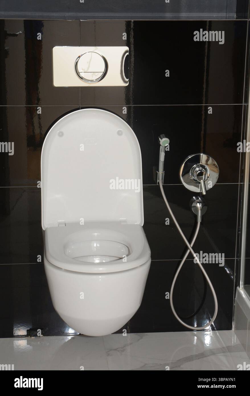 Weiße Toilettenschüssel mit thermostatischer elektrischer Bidet-Dusche im Badezimmer Stockfoto