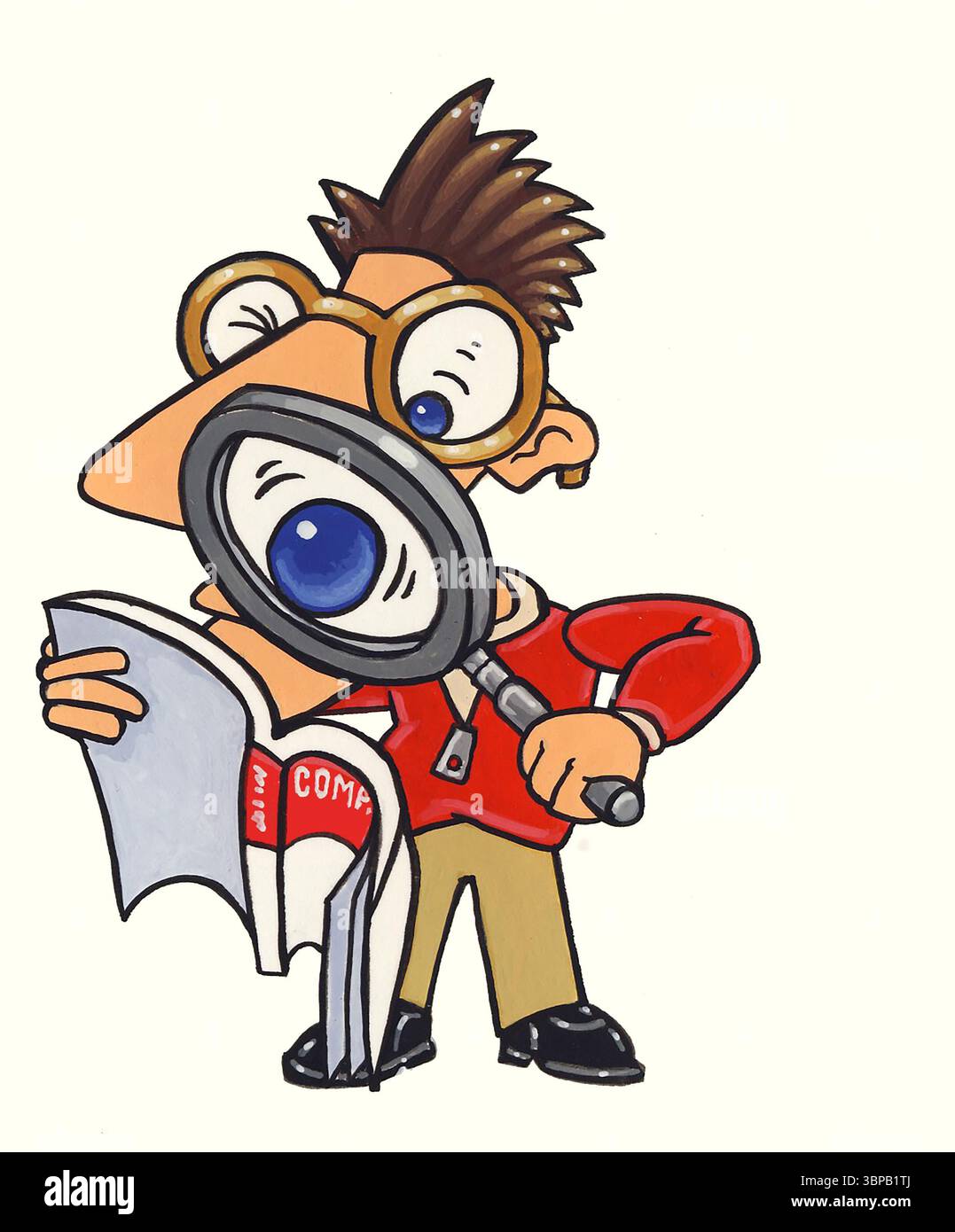 Art man überprüft Computerhandbuch mit Vergrößerungsglas-Konzept, liest kleine Drucke vor dem Kauf, liest Anweisungen, überprüft Geschäftsbedingungen und Kauftipps Stockfoto