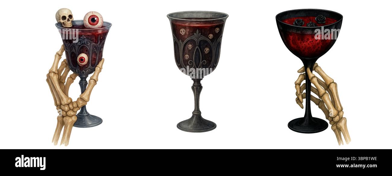 Halloween Kelche Trio – Skelett Hände mit Spooky Red Drinks mit Augäpfeln und Schädeln Stockfoto
