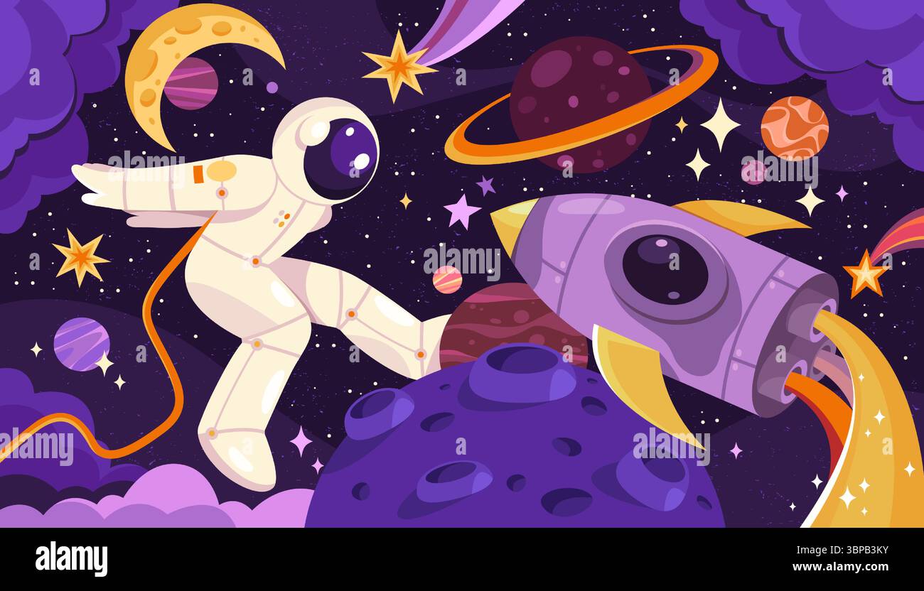 Raumfahrer, der mit fliegendem Luftschiff im Weltraum unterwegs ist. Vektor-Astronaut mit Planeten und Asteroiden, Mondsichel und Rakete. COSMOS-Anzug in der Schwerelosigkeit. Sonnensystem, Universumsreise. Astronomie Stock Vektor