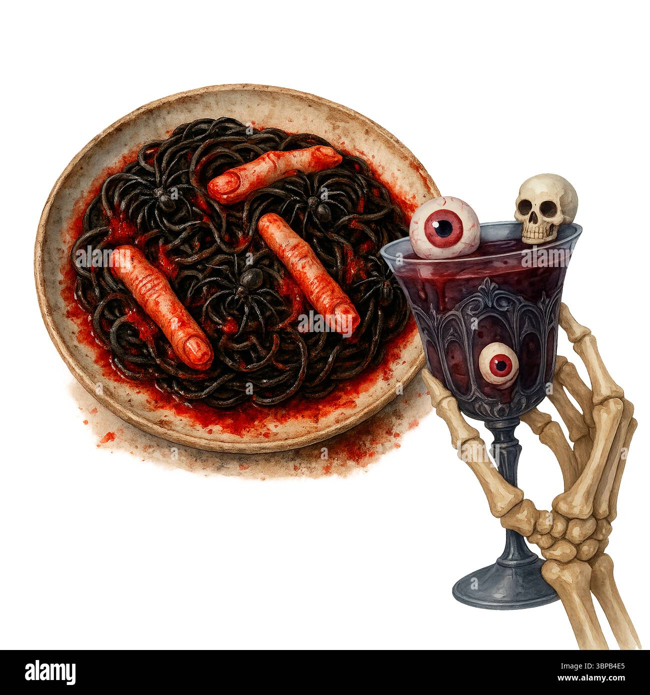 Gruselige Halloween-Pasta mit Würstchen und Augapfel-Cocktail in Skelett-Hand Stockfoto