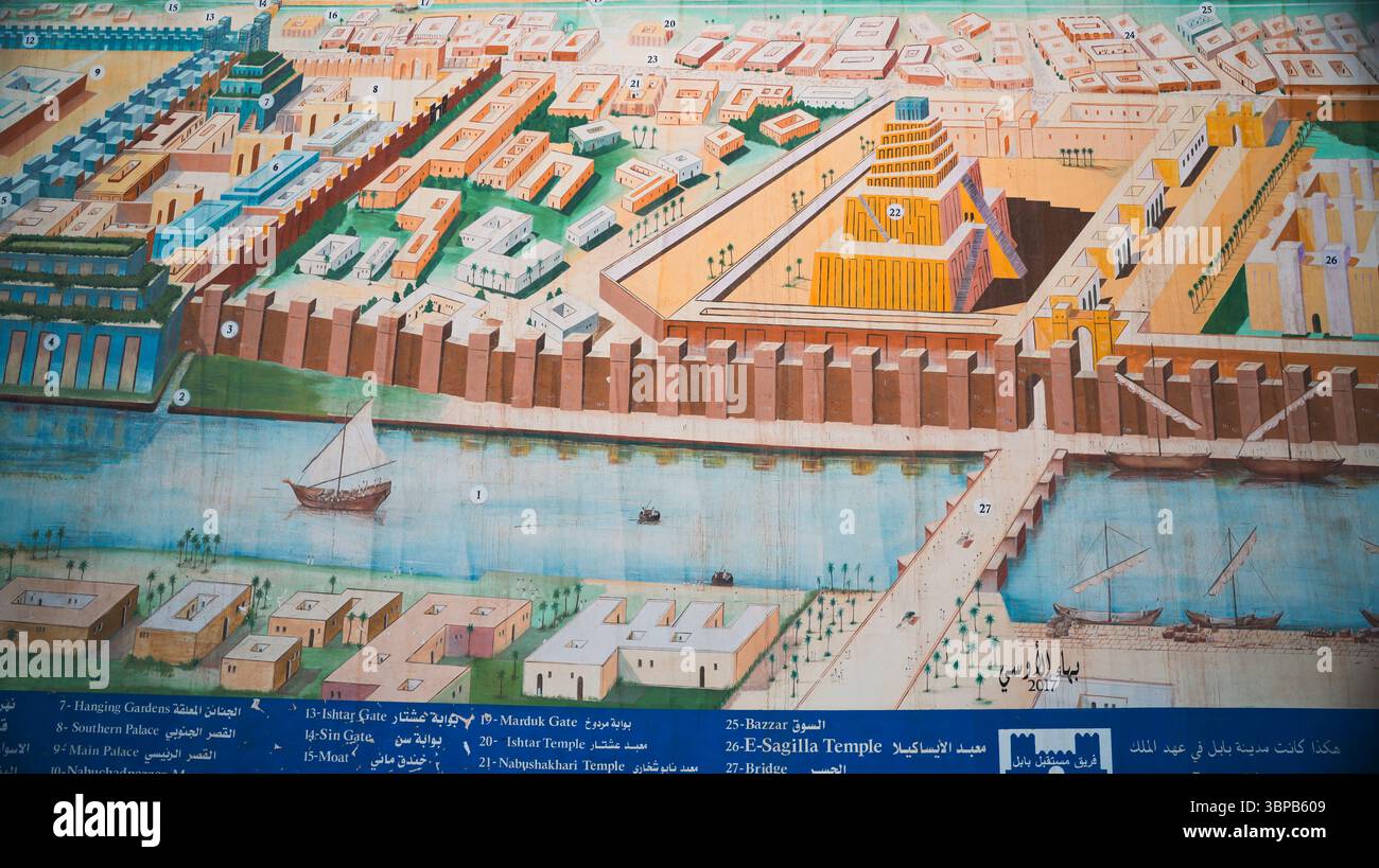 Detailliertes Layout des antiken Babylon mit Tempeln, Gärten und dem Euphratfluss. Stockfoto