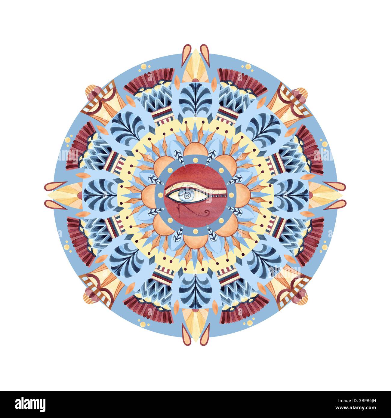 Arabesque mit Horusauge in der Mitte. Ägyptisches rundes altes Ornament. Geometrische Wiederholungsmuster mit Lotus, Handflächenform. Aquarell isoliert Stockfoto