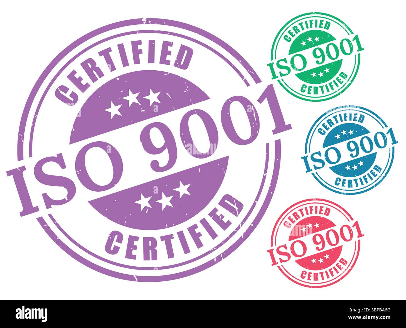 Qualitätsmanagement-Zertifizierungsabzeichen, ISO 9001 Vektorstempel-Set Stock Vektor