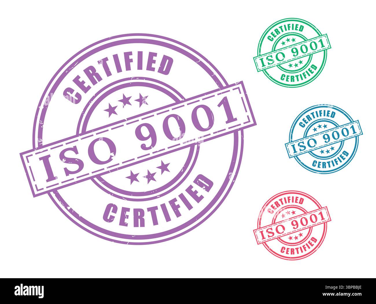 Professionelle Qualitätsmanagementsiegel, ISO 9001-zertifizierte Vektoretiketten Stock Vektor