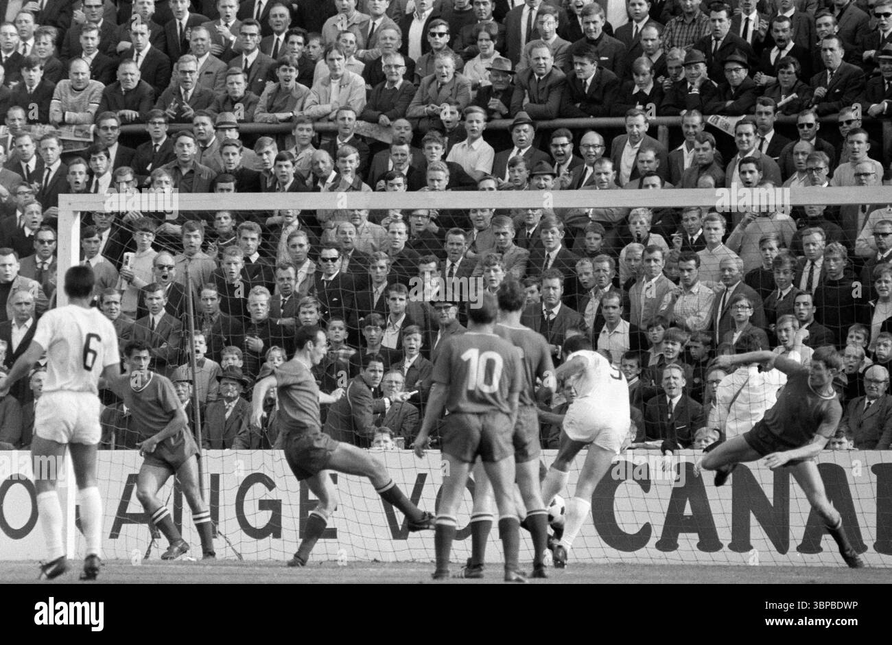 60er Jahre, Sport, Fußball, Bundesliga, 1967/1968, Borussia Mönchengladbach vs. 1. FC Kaiserslautern 8-2, 09.09.1967, Boekelberg Stadion in Mönchengladbach, 3-1 Tor, f.l.t.r. Peter Dietrich (MG), Herwart Koppenhoefer (FCK), Gerd Schneider (FCK), Helmut Kapitulski (FCK), ? (FCK), Torschütze Peter Meyer (MG), Otto Geisert (FCK) Stockfoto