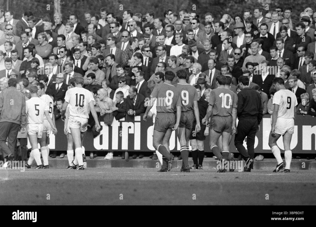 60er Jahre, Sport, Fußball, Bundesliga, 1967/1968, Borussia Mönchengladbach vs. 1. FC Kaiserslautern 8-2, 09.09.1967, Boekelberg-Stadion in Mönchengladbach, Halbzeitpause bei Scoreline 3-1, Gladbach-Besucher und -Fans sind zufrieden, Spieler f.l.t.r. Berti Vogts (MG), Peter Dietrich (MG), Genter Netzer (MG), Gerd Roggensack (FCK), Otto Geisert (FCK), Helmut Kapitulski (FCK), ?, Peter Meyer (MG) Stockfoto