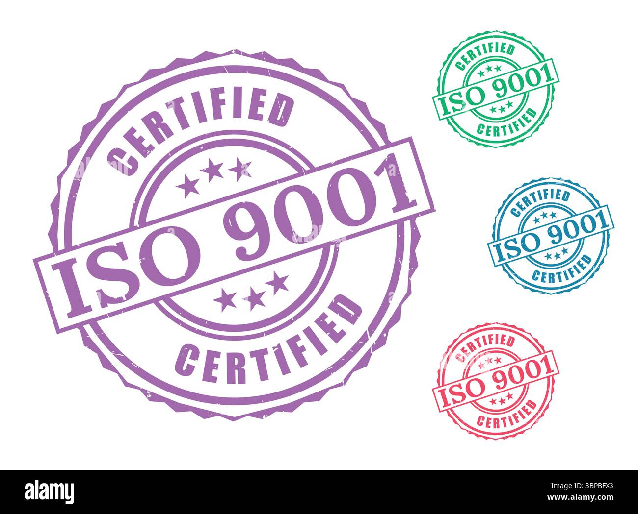 Zertifizierte Qualitätssicherung Stempelpackung, ISO 9001-Etikettensymbole Stock Vektor